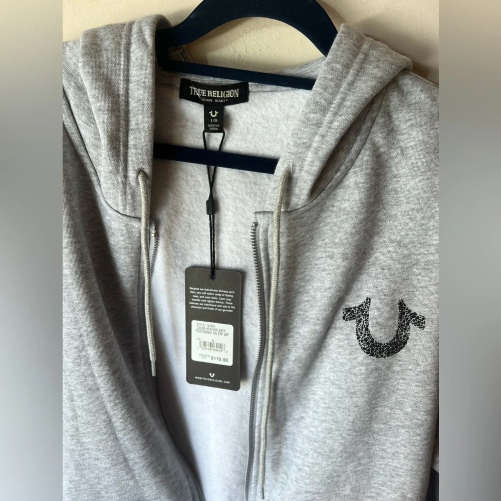New Mens True Religion L Hooded Sweatshirt Gray Hoodie Zip‎ Up Jacket